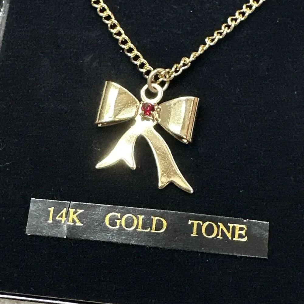14K Gold Tone Bow Necklace Red Center Stone Costume Jewelry Vintage Inspired - Picture 2 of 5